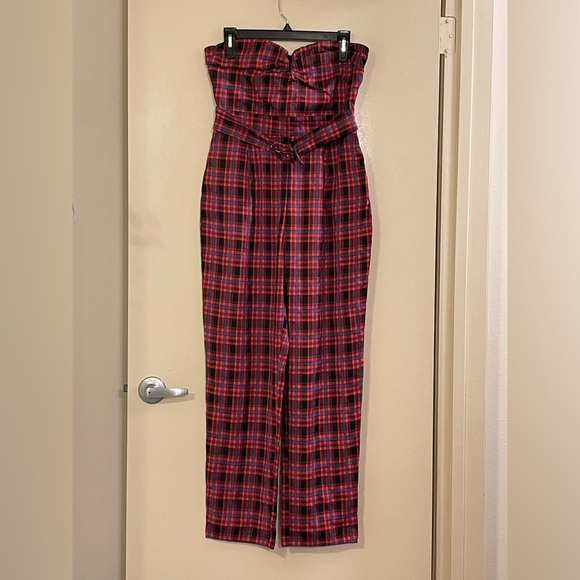 EGGIE NWOT Plaid Belted Jumpsuit in Red - Picture 3 of 7